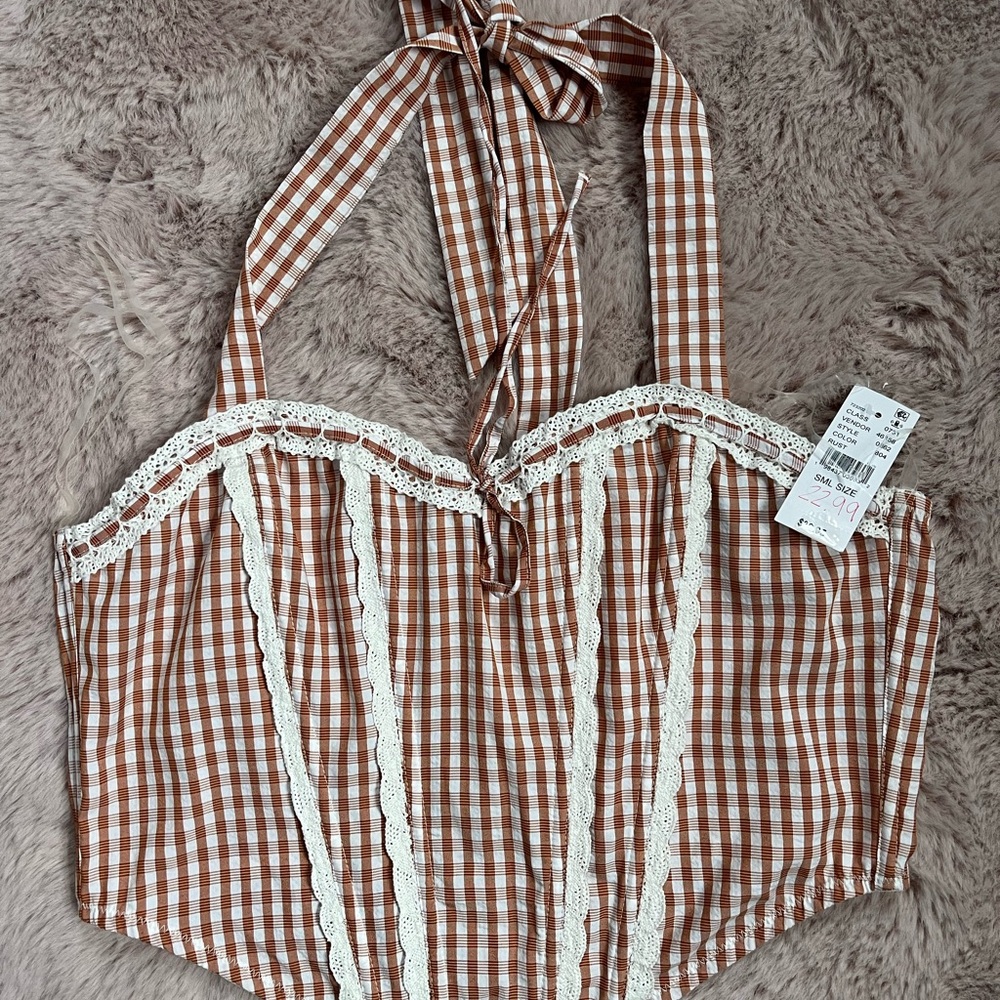 PacSun Brown Gingham Halter Top with Lace